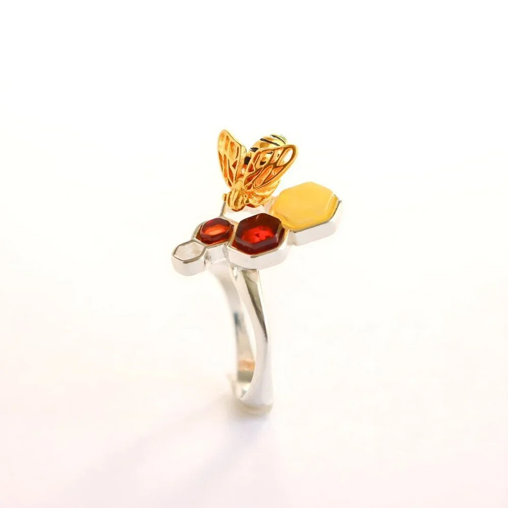 Baltic Amber Bee and Honeycomb Ring in Sterling Silver